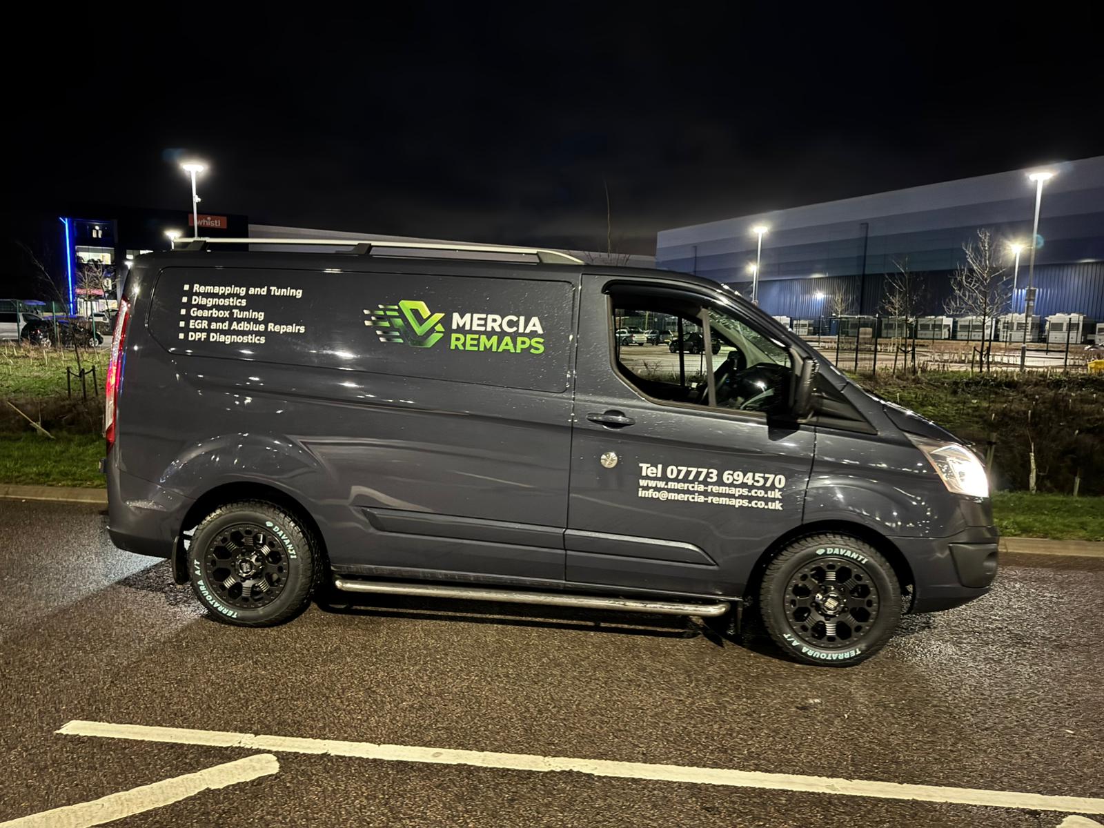 The Mercia Remaps mobile remapping van parked on a job, showing the services listed on the side